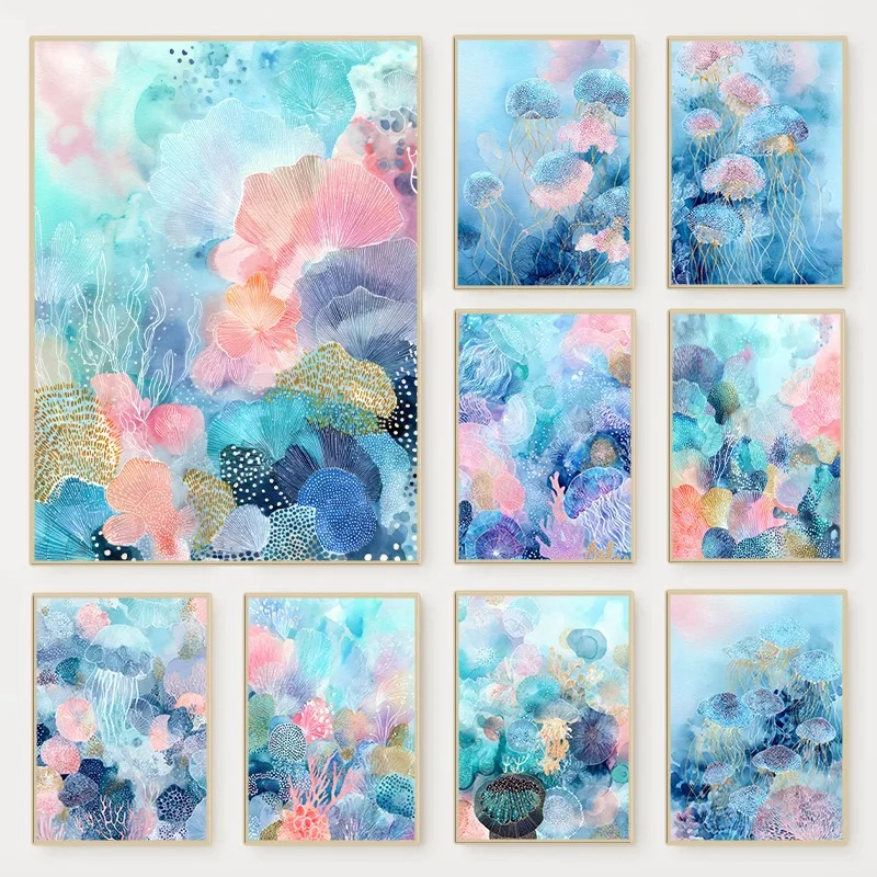 Marine Coral - Pôster Abstrato de Aquarela com Corais